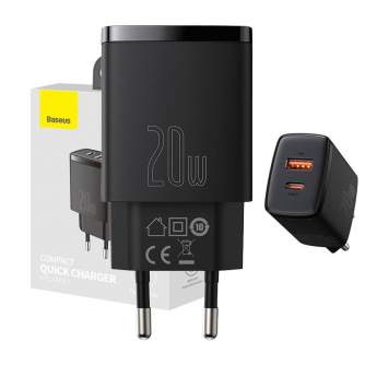 Telefonų, planšetinių kompiuterių ir GPS įkrovikliai - Baseus Compact Quick Charger, USB, USB-C, 20W (black) CCXJ-B01 - быстрый 