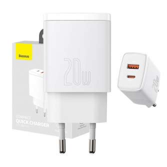 Telefonų, planšetinių kompiuterių ir GPS įkrovikliai - Baseus Compact Quick Charger, USB, USB-C, 20W (white) CCXJ-B02 - быстрый 
