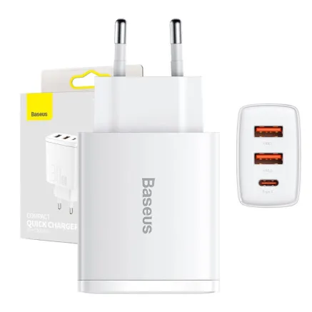 adowarka sieciowa Baseus Compact Quick Charger, 2xUSB, USB-C, PD, 3A, 30W (biaa)