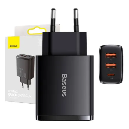 adowarka sieciowa Baseus Compact Quick Charger, 2xUSB, USB-C, PD, 3A, 30W (czarna)