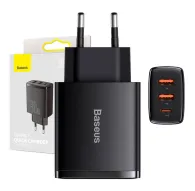 Wall charger - adowarka sieciowa Baseus Compact Quick Charger, 2xUSB, USB-C, PD, 3A, 30W (czarna) - quick order from manufacturerWall charger - adowarka sieciowa Baseus Compact Quick Charger, 2xUSB, USB-C, PD, 3A, 30W (czarna) - quick order from manufacturer