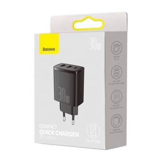 Baterijas, akumulatori un lādētāji - adowarka sieciowa Baseus Compact Quick Charger, 2xUSB, USB-C, PD, 3A, 30W (czarna) - ātri pasūtīt no ražotāja
