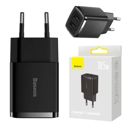 Baseus Compact Quick Charger, 2x USB, 10.5W (black) CCXJ010201