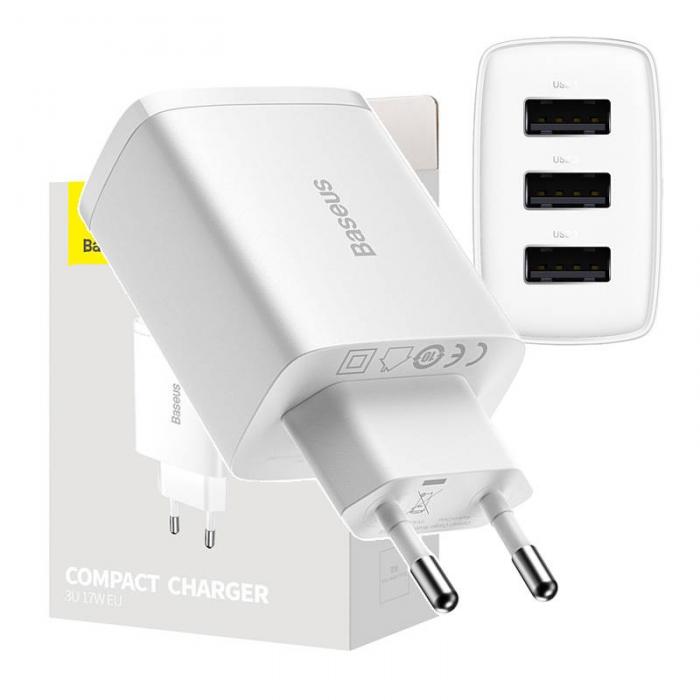 Telefonų, planšetinių kompiuterių ir GPS įkrovikliai - Baseus Compact Quick Charger, 3x USB, 17W (White) CCXJ020102 - купить сег