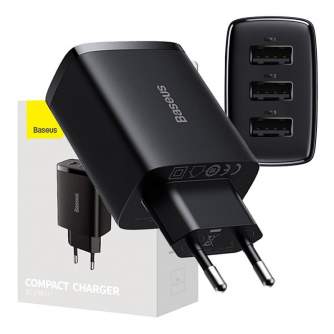 Telefonų, planšetinių kompiuterių ir GPS įkrovikliai - Baseus Compact Quick Charger, 3x USB, 17W (Black) CCXJ020101 - быстрый за