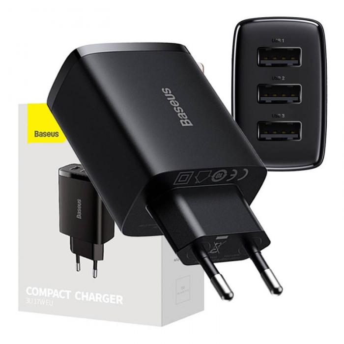 Baterijas, akumulatori un lādētāji - Baseus Compact Quick Charger, 3x USB, 17W (Black) CCXJ020101 - ātri pasūtīt no ražotāja