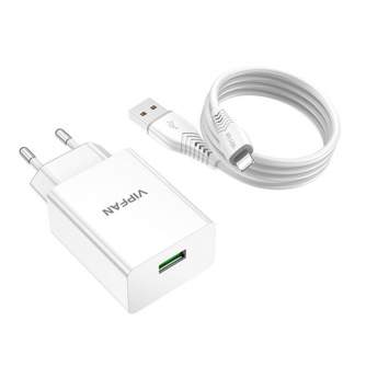 Батарейки и аккумуляторы - Network charger Vipfan E03, 1x USB, 18W, QC 3.0 + Lightning cable (white) E03S-L - быстрый заказ от п