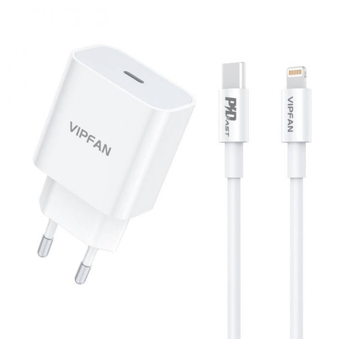 Baterijas, akumulatori un lādētāji - Wall charger Vipfan E04, USB-C, 20W, QC 3.0 + Lightning cable (white) E04 CL - ātri pasūtīt no ražotāja