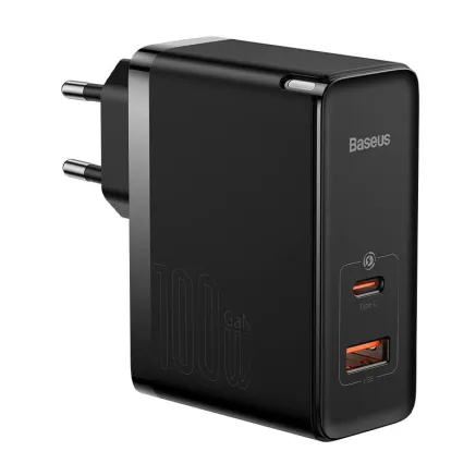 Wall charger Baseus GaN USB-C + USB, 100W + 1m cable (black) CCGP090201