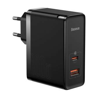 Baterijas, akumulatori un lādētāji - Wall charger Baseus GaN USB-C + USB, 100W + 1m cable (black) CCGP090201 - ātri pasūtīt no ražotāja