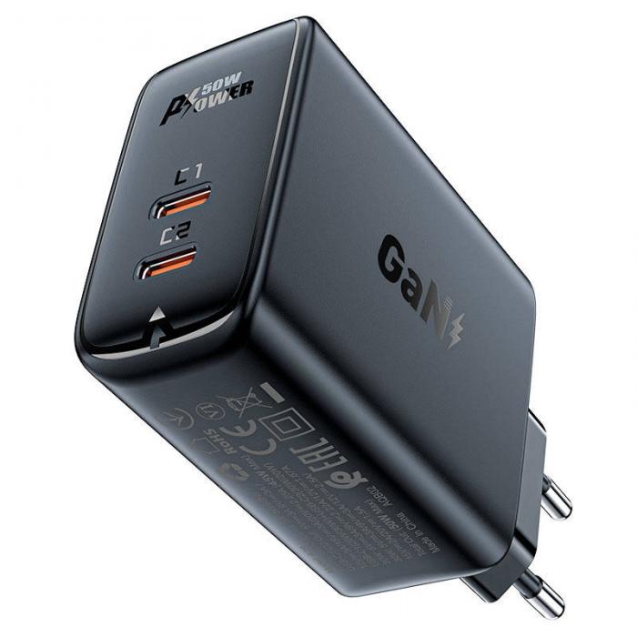 Kabeļi - Wall charger Acefast A29 PD50W GAN 2x USB-C 50W (black) A29 black - ātri pasūtīt no ražotāja