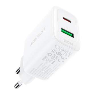 Viedtālruņiem - Wall Charger Acefast A25, USB + USB-C, PD 20W (white) A25 - ātri pasūtīt no ražotāja