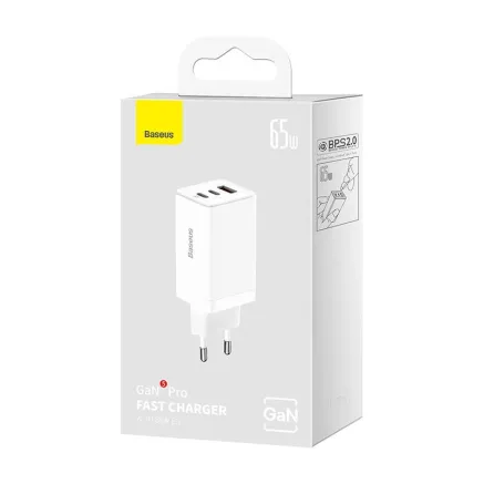 Wall charger Baseus GaN5 Pro 2xUSB-C + USB, 65W (white) CCGP120202