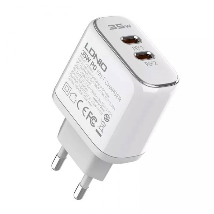 Kabeļi - MFi wall charger LDNIO A2528M, 2xUSB-C, USB-C to Lightning 35W A2528M EU - ātri pasūtīt no ražotāja