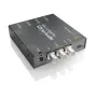 Blackmagic Mini Converter SDI to Audio device with three BNC connectors labeled SDI IN, ALT SDI IN, and SDI OUT, a USB port, and power input, featuring a black design with white and orange text on a reflective surface.