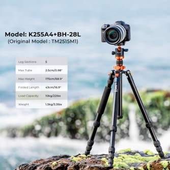 Statīvu aksesuāri - K&F Concept K&F 1.7m Aluminum Portable Camera Tripod Travel Tripod 10kg Load with Detachable Monopod for DSLR, K255A4+BH-28L .. - ātri pasūtīt no ražotāja