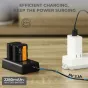 K&F Concept NP-FZ100 divslīču lādētājs ar divām 2280mAh Sony saderīgām baterijām, savienots ar 5V 2.1A adapteri, lai efektīvi uzlādētu abas baterijas vienlaicīgi