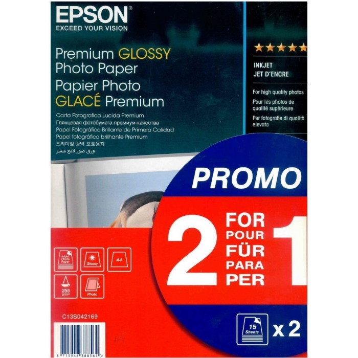 Fotopapīrs printeriem - Epson photo paper A4 Premium Glossy 255g 2x15 sheets C13S042169 - ātri pasūtīt no ražotāja