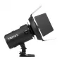 Yongnuo YN216 II LED monolight with adjustable barn doors and dome diffuser, mounted on a cold shoe base, black body with white model label
