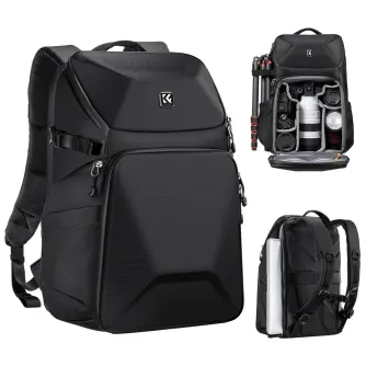 K&F Concept Camera Backpack 20L with hard shell front, organized compartments for camera gear, and padded shoulder straps for comfort.