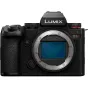 Front view of a black Panasonic Lumix S5 II mirrorless camera with a silver lens mount, blue sensor visible, textured grip, and model designation S5II on the body.