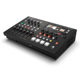 Roland SR-20HD Direct Streaming AV Mixer with LCD screen, control knobs, and streaming interface for professional livestreaming