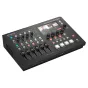 Roland SR-20HD Direct Streaming AV Mixer with LCD screen displaying live stream interface, eight audio input channels, HDMI ports, USB-C connection, and power input for professional live streaming.