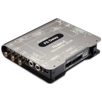 Roland VC-1-DL двунаправленный конвертер SDI/HDMI с металлическим серебристым корпусом, несколькими портами, включая HDMI и SDI, и зеленым светодиодным индикатором, установленный на черной резиновой основе.