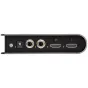 Задний вид черного конвертера Roland VC-1-DL двунаправленного SDI/HDMI с несколькими портами, включая HDMI, SDI и аудиоразъемы, а также с винтами и индикаторными лампами, установленного на матовом металлическом панели.