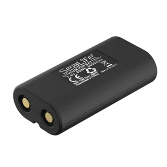 Sealife 7.4V 25Wh Li-Ion Battery for underwater photo/video lights, featuring gold terminals and a label with specifications, designed for Sea Dragon models.