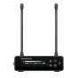 Sennheiser EW-DP ME4 SET bezvadu UHF uztvērējs ar divām melnām antennām, priekšējais LCD displejs ar baterijas indikatoriem, kontrolspiedpogām un USB-C portu