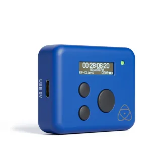 Blue Atomos AtomX Ultrasync Bluetooth timecode transmitter with OLED display and wireless sync capabilities