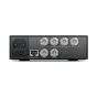 Конвертер Blackmagic Teranex Mini Quad SDI с портами 12G-SDI, разъемом Ethernet PoE+ и выходными разъемами SDI. Вид сзади с обозначенными входами/выходами и разъемом питания.