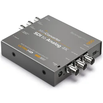 Blackmagic Design Mini Converter SDI в Analog 4K с тремя входными портами SDI, аналоговыми видео и аудио разъемами, а также входом питания.