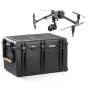 HPRC 2800W hard case for DJI Inspire 3, featuring compartments, a key lock, and a pressure equalization valve, alongside a DJI Inspire 3 drone with a camera and four propellers with yellow accents.