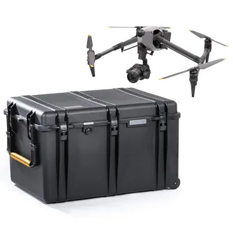 HPRC 2800W hard case for DJI Inspire 3, featuring compartments, a key lock, and a pressure equalization valve, alongside a DJI Inspire 3 drone with a camera and four propellers with yellow accents.