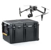 HPRC 2800W hard case for DJI Inspire 3, featuring compartments, a key lock, and a pressure equalization valve, alongside a DJI Inspire 3 drone with a camera and four propellers with yellow accents.HPRC 2800W hard case for DJI Inspire 3, featuring compartments, a key lock, and a pressure equalization valve, alongside a DJI Inspire 3 drone with a camera and four propellers with yellow accents.
