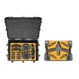 HPRC 2800W hardshell case for DJI Inspire 3 ar pielāgotu dzelteno putu ieliktni, atvērts, lai parādītu organizētus nodalījumus dronam, tālvadības pultīm, baterijām un propelleriem, kā arī atsevišķu putu paneli propelleriem.