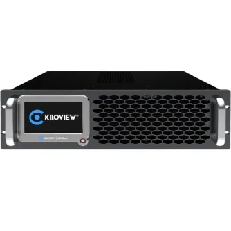 Kiloview NDI CORE Max 64 Turnkey Solution с 64 входами и 10GbE, с цифровым дисплеем, гексагональной вентиляционной решеткой и прочным дизайном для профессиональной видеоинфраструктуры.