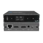 Конвертер HDMI NDI Bidirectional (N6) от Kiloview с ЖК-дисплеем, отображающим использование ЦП, память, температуру и информацию о версии, с HDMI входом/выходом, 3.5mm аудио входом/выходом, PoE Ethernet и входом питания DC 12V.