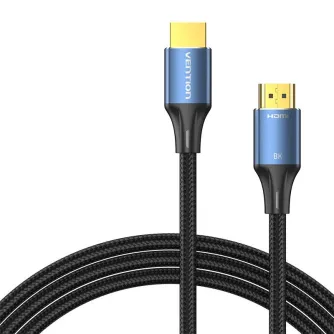 Кабель HDMI 2.1 Vention 8K 2м с синими разъемами и позолоченными концами, с плетеным черным корпусом и детализированным брендингом.