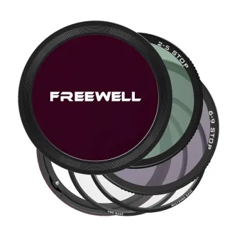 Freewell 82mm Magnetic Variable ND Filter System with a maroon central filter labeled 'FREEWELL', featuring black frames with white text indicating ranges like '2-5 STOP' and '6-9 STOP', including a magnetic ring, base ring, and