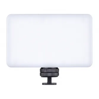 Ulanzi VL120 LED panel light with adjustable color temperature (3200K-6500K), mounted on a cold shoe adapter for camera compatibility