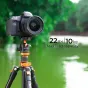 K&F Concept K254A3 tripod with BH-28L ball head supporting a Canon DSLR, showing 10 kg max load capacity and compact 44 cm folded size against a lake backdrop.