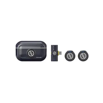 Hollyland Lark M2 wireless lavalier microphone set with USB-C receiver, compact transmitters, and protective case in Shine Charcoal