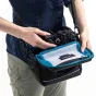 Tenba Skyline V2 8 Shoulder Bag with DSLR camera secured on top, featuring water-resistant fabric and a removable shoulder strap for easy carrying.