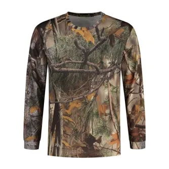 Stealth Gear Long Sleeve Camo T-shirt with realistic forest print, lightweight fabric, and quick-drying design for outdoor enthusiasts.
