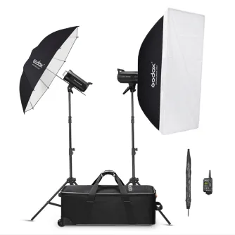 Professional Godox SK300IIV-C Studio Flash Kit with softbox, umbrellas, and wireless control for studio lighting