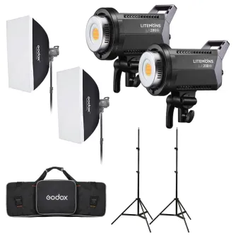 Godox Litemons LA200Bi Bi-color LED lights with softboxes and adjustable stands for professional photography and videography