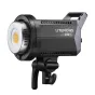 Godox Litemons LA200Bi Bi-color Duo Kit featuring a black design, silver reflector, adjustable handle, and dual softbox mounts, with a yellow LED panel and ventilation grilles, including a carrying bag and stands for compact and